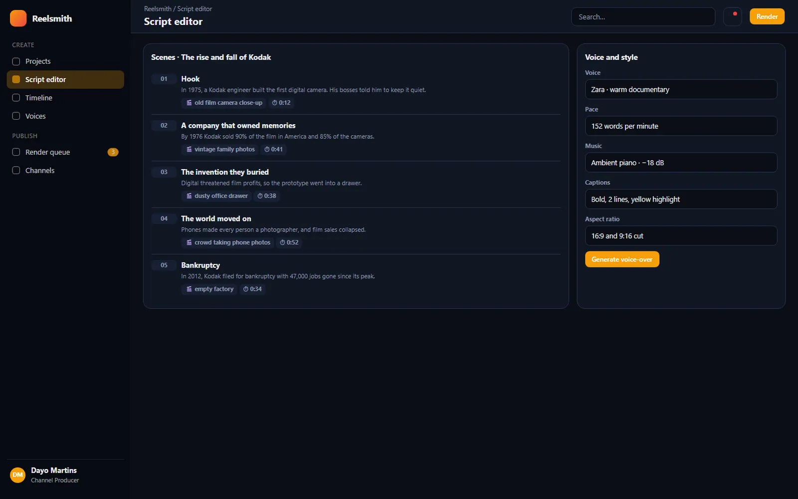 AI Video Automation Studio: Script editor