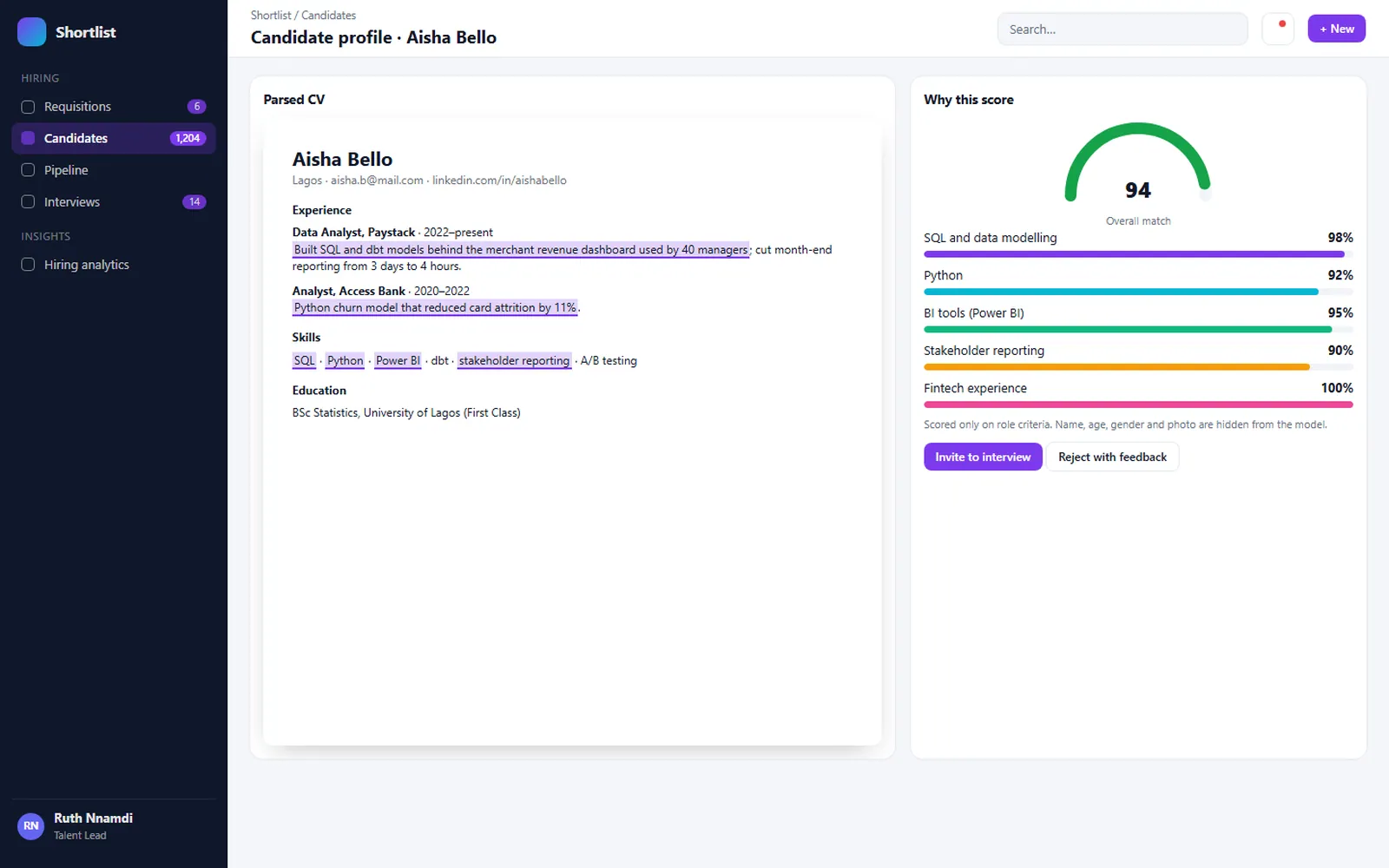 AI CV Screening & Recruitment: Candidate profile · Aisha Bello