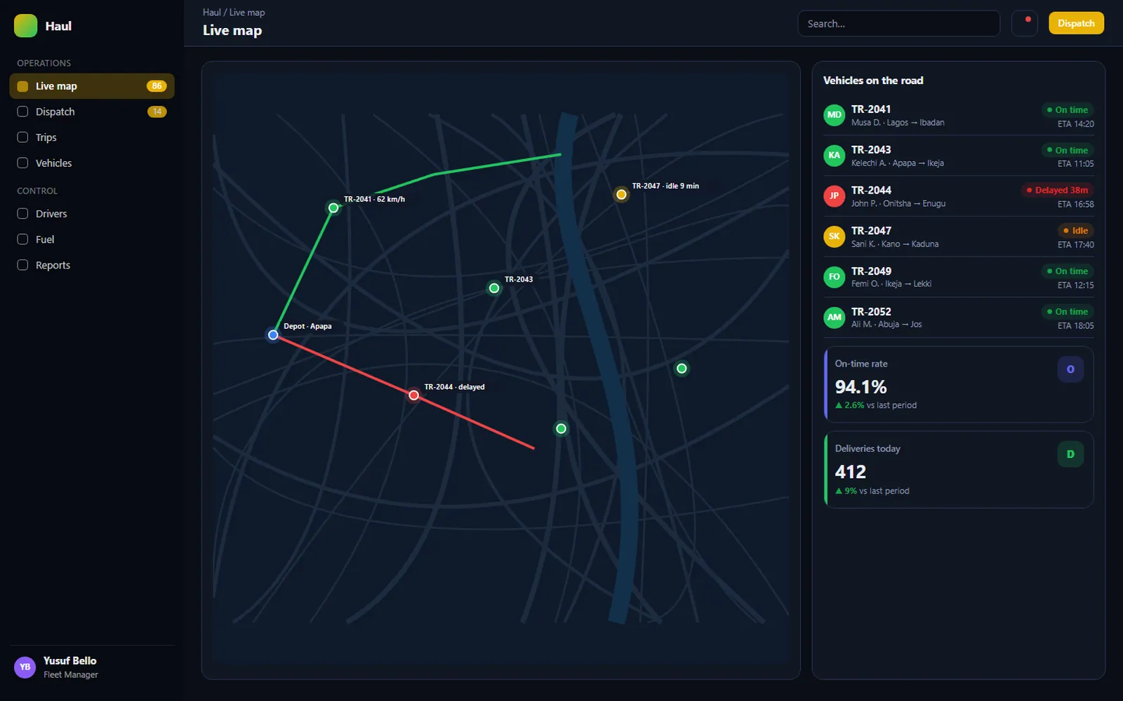 Haul Fleet and Delivery Tracker: Live map