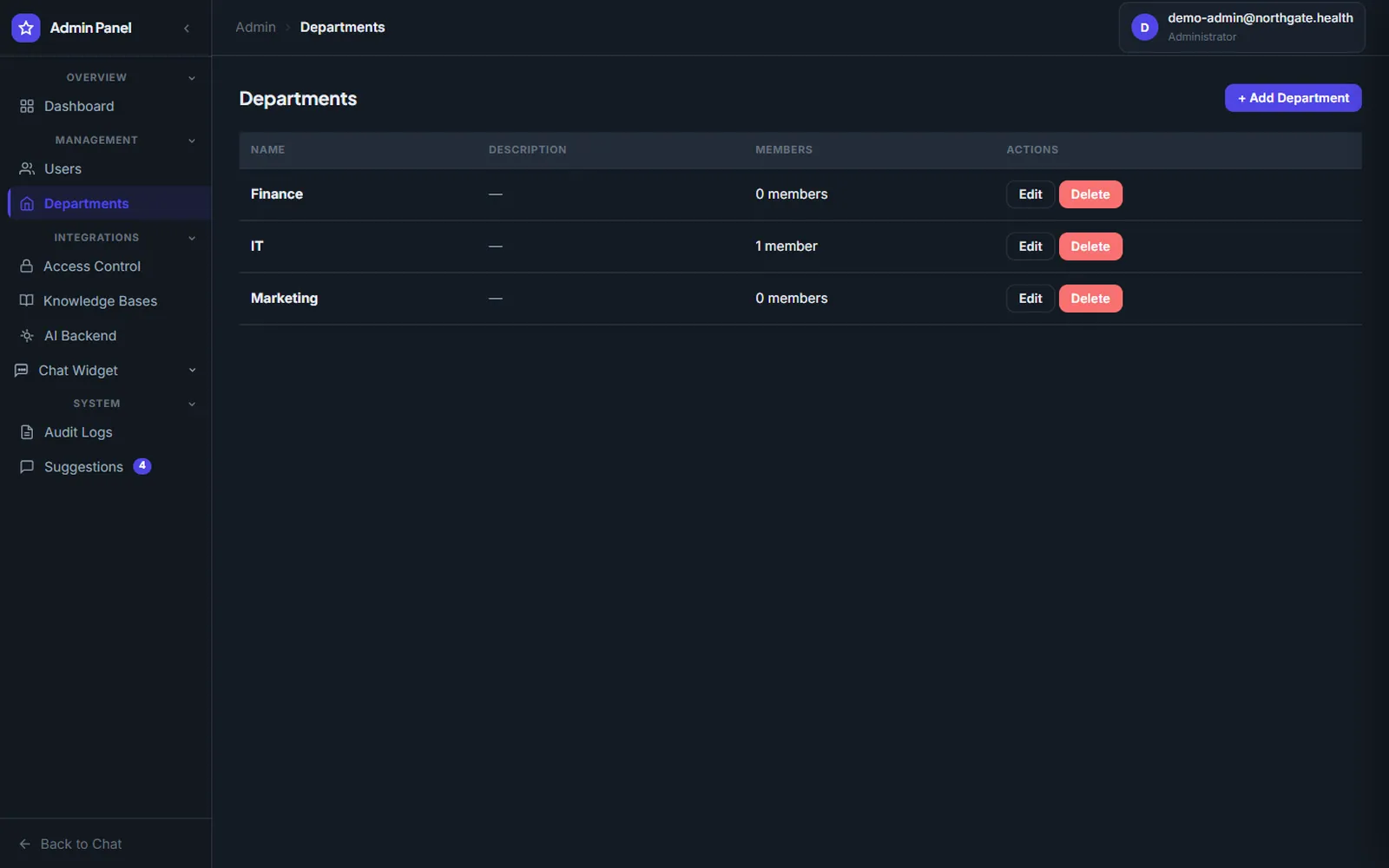AI Knowledge Base and Appointments Platform: Departments