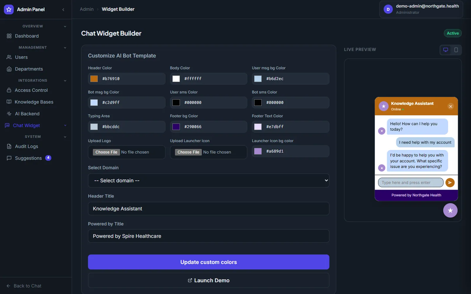 AI Knowledge Base and Appointments Platform: Chat widget builder