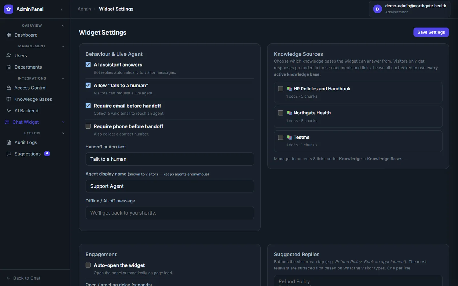 AI Knowledge Base and Appointments Platform: Widget behaviour and live agent