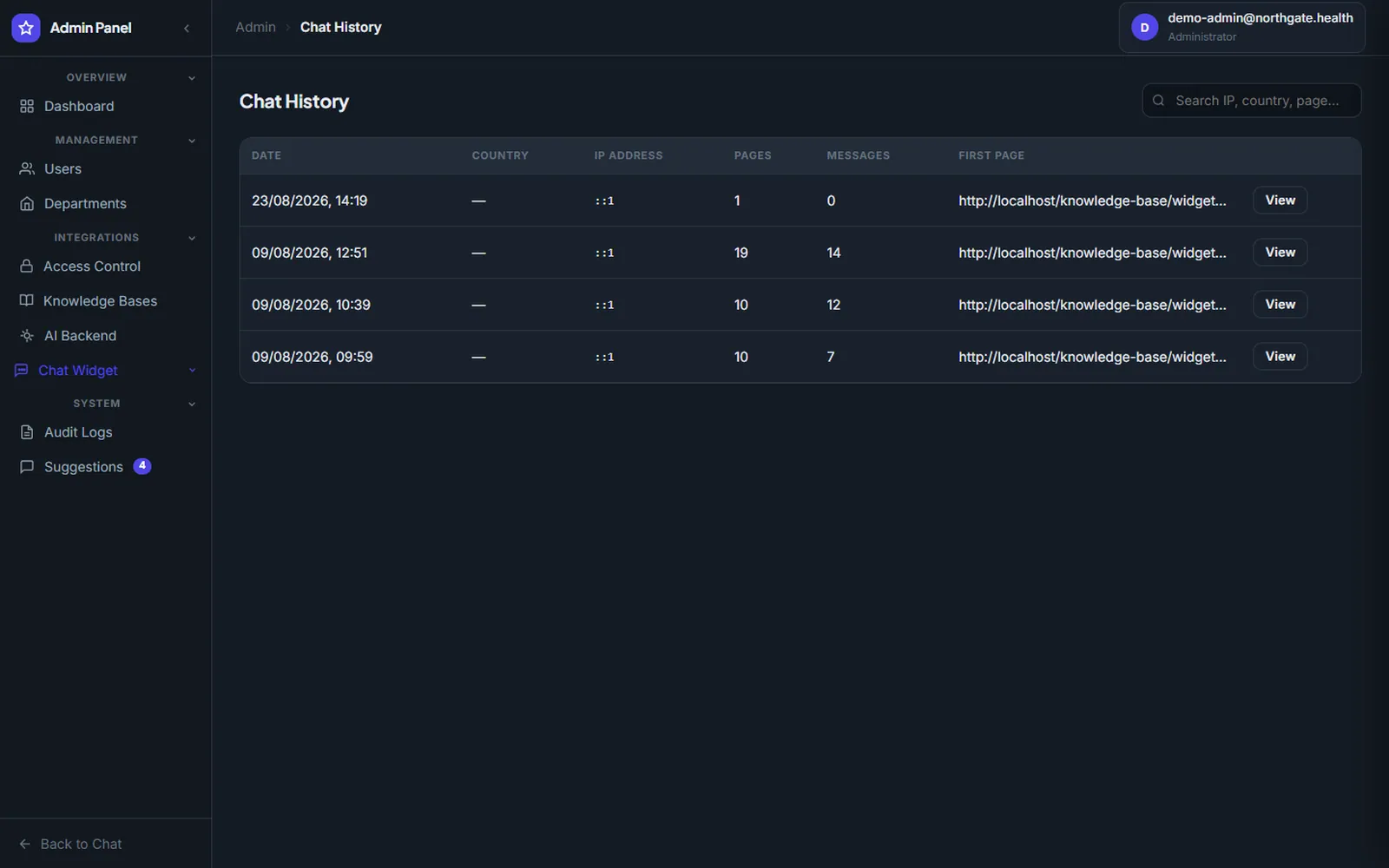 AI Knowledge Base and Appointments Platform: Chat history