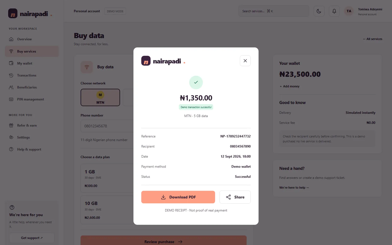 NairaPadi VTU App: Receipt