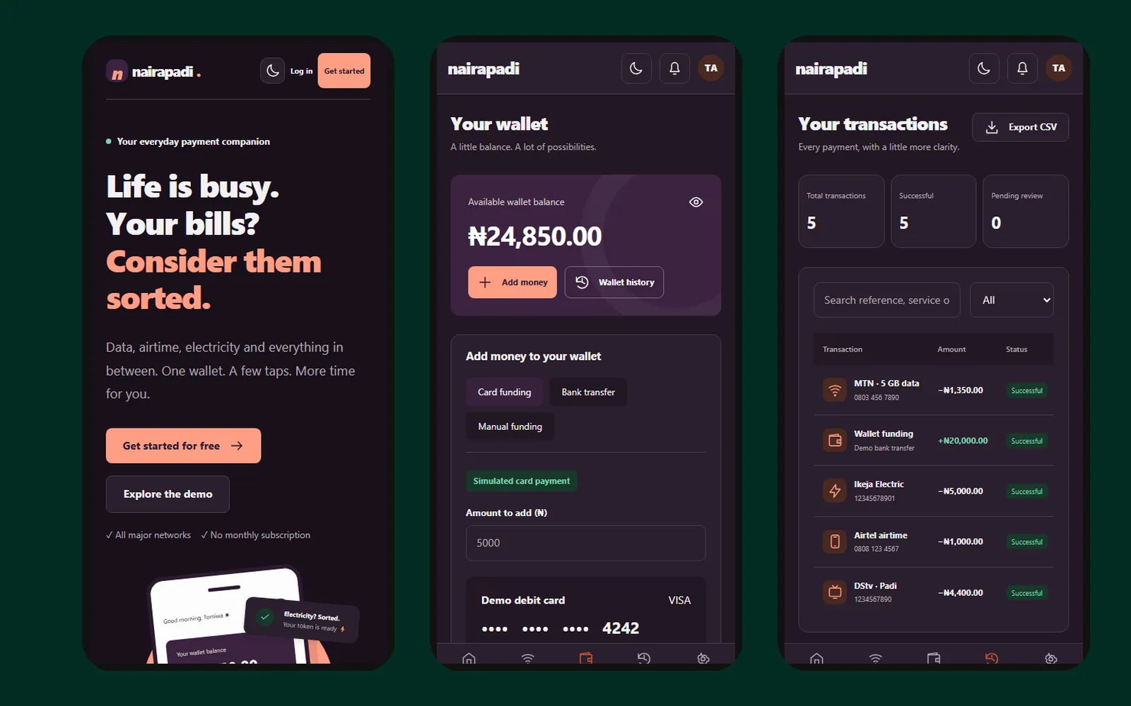 NairaPadi VTU App: Mobile dark mode: home, wallet and transactions