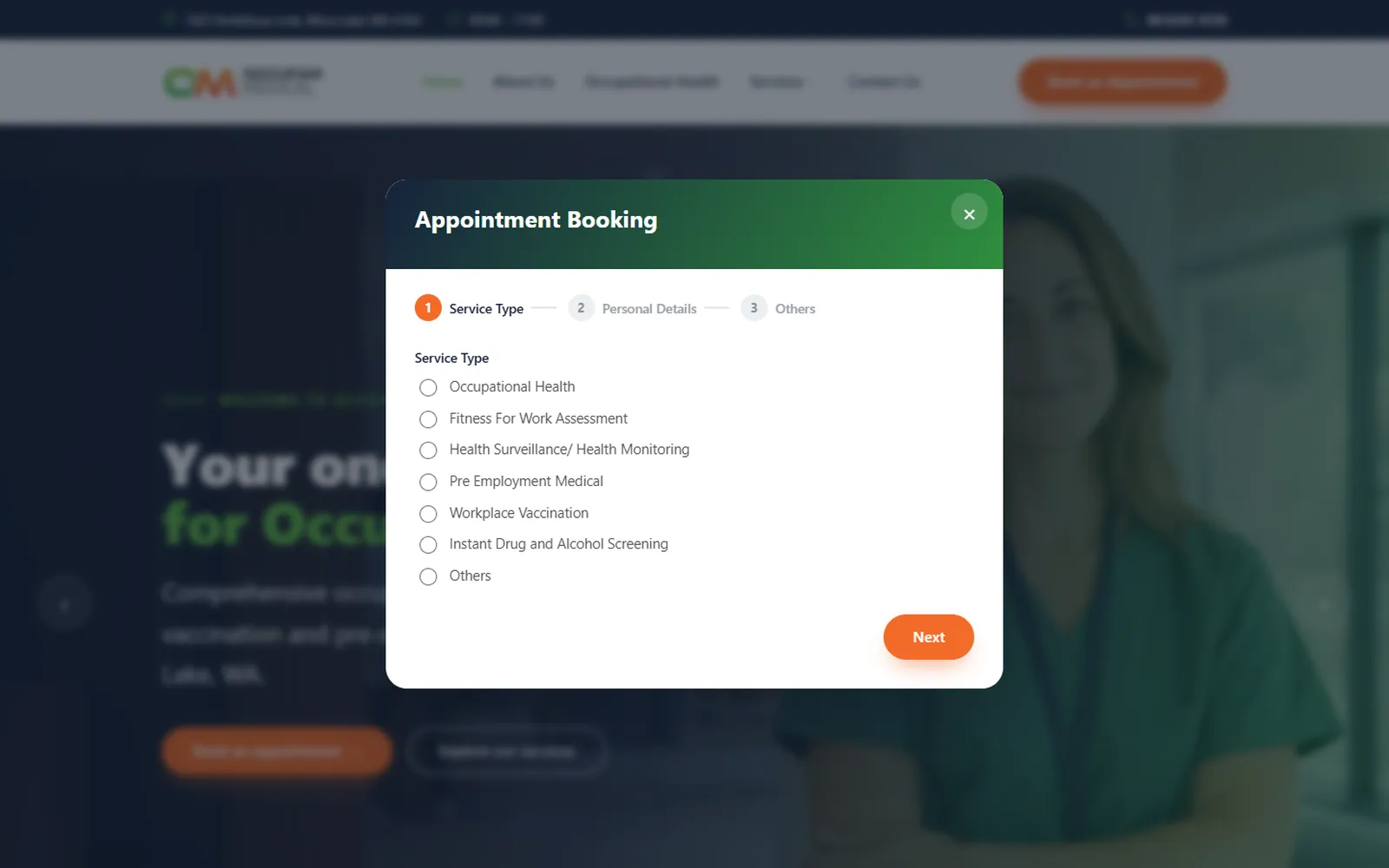 Occufam Medical Website: Appointment booking: choose a service
