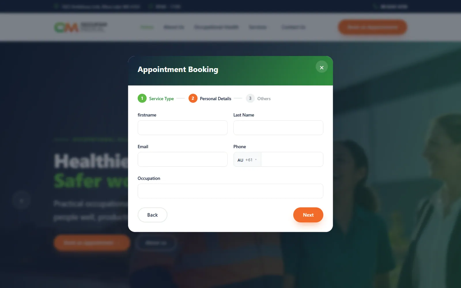 Occufam Medical Website: Appointment booking: personal details