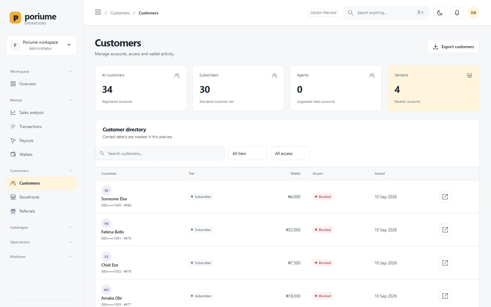 Poriume VTU Platform: Admin: Customers